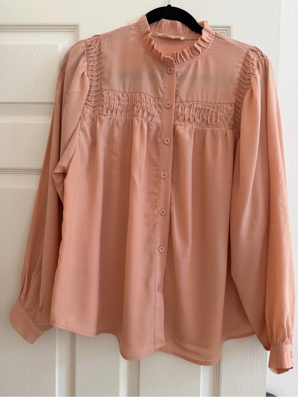 Mazik Peach Smocked Ruffle-Neck Button Blouse